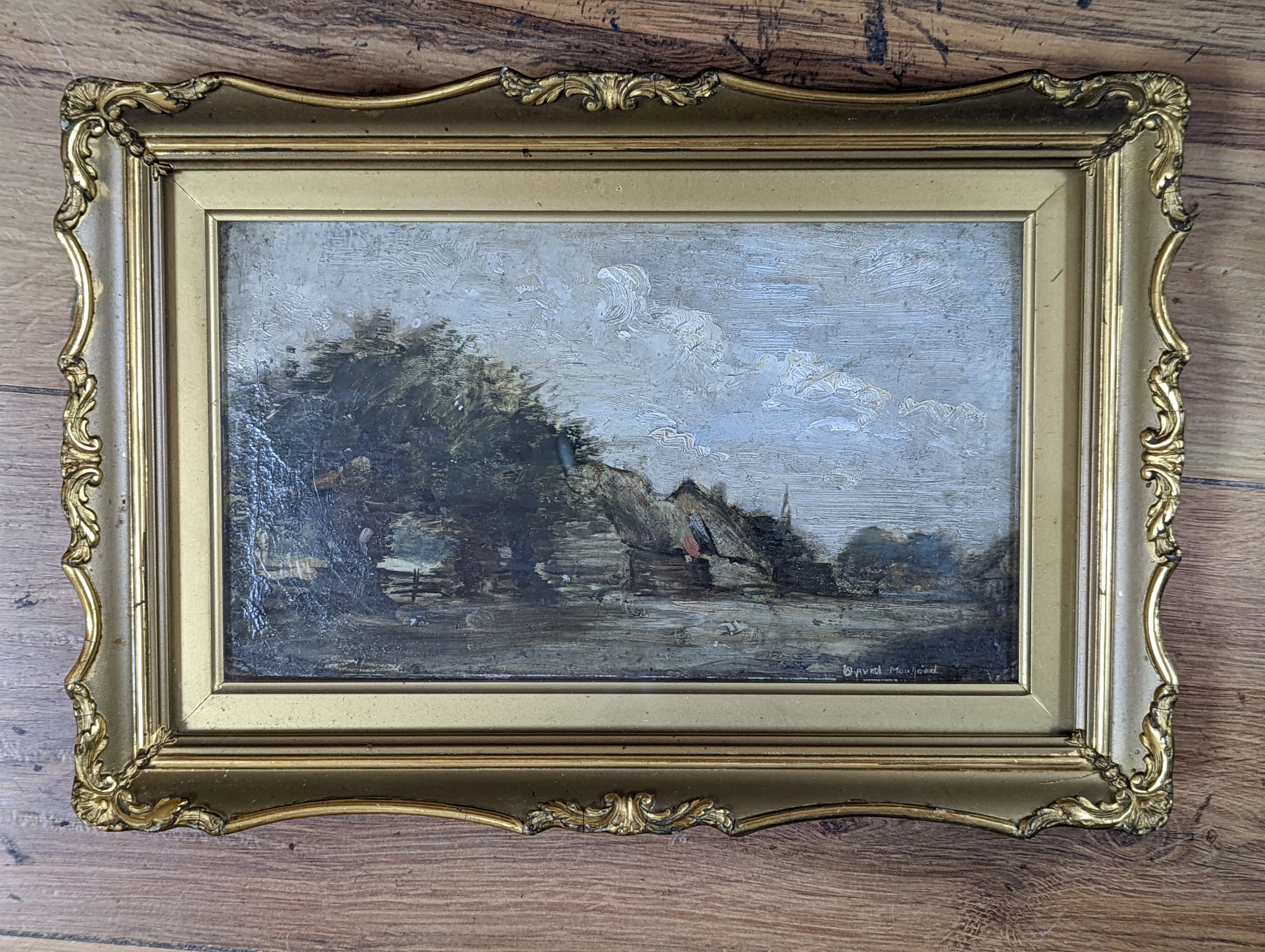 David Muirhead (1867-1930), oil on wooden panel, Rustic landscape, signed, 13 x 22cm